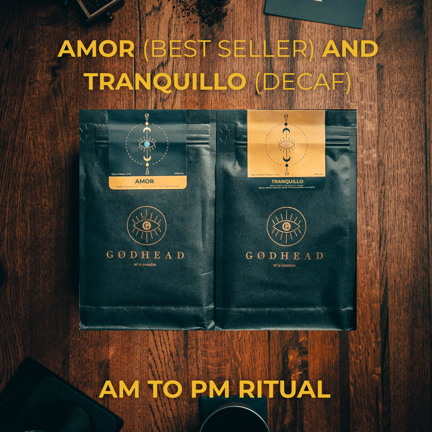 Amor and Tranquillo coffee bags from GODHEAD COFFEE Everyday Ritual Bundle