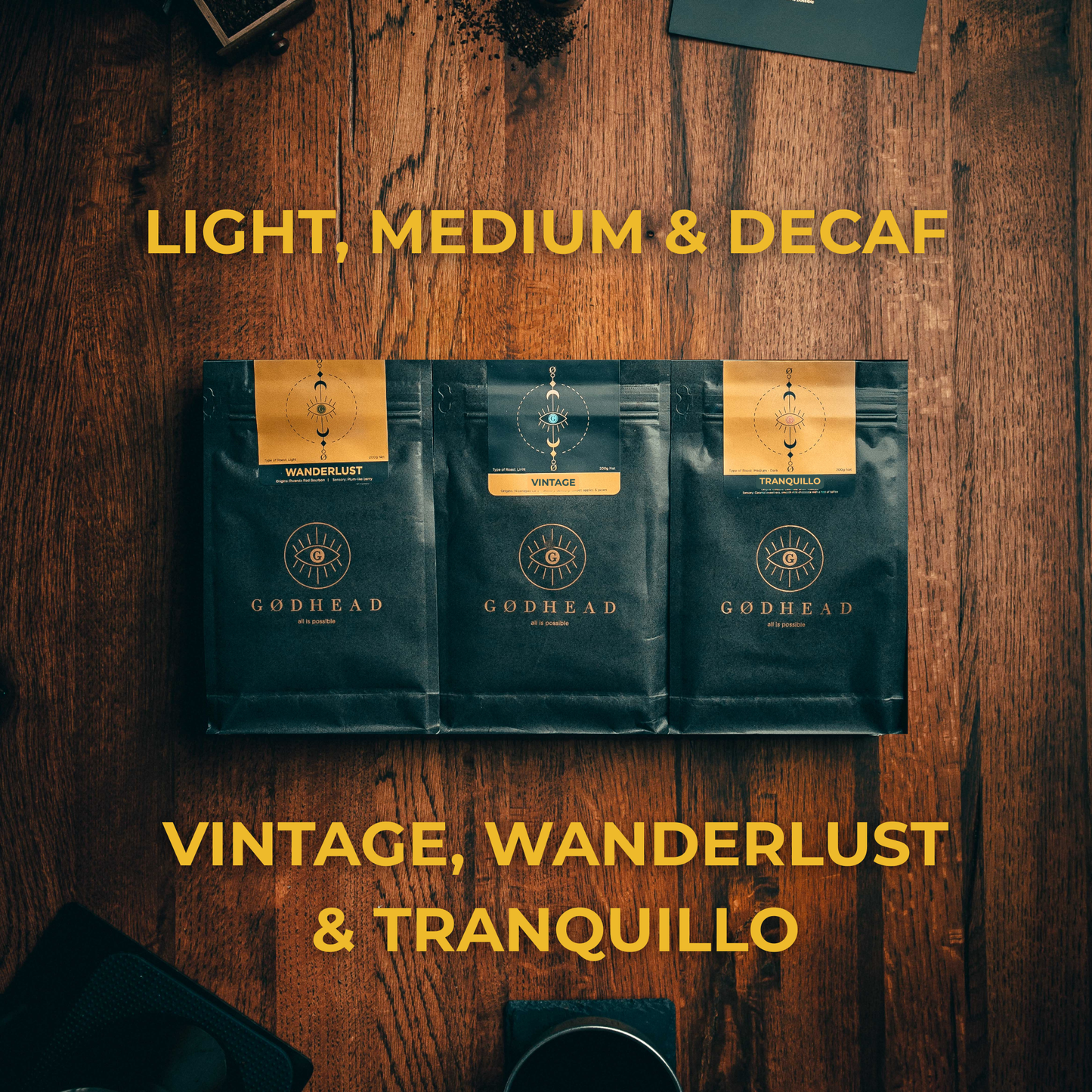 Explorer Bundle featuring GODHEAD COFFEE Vintage, Wanderlust and Tranquillo specialty coffee bags
